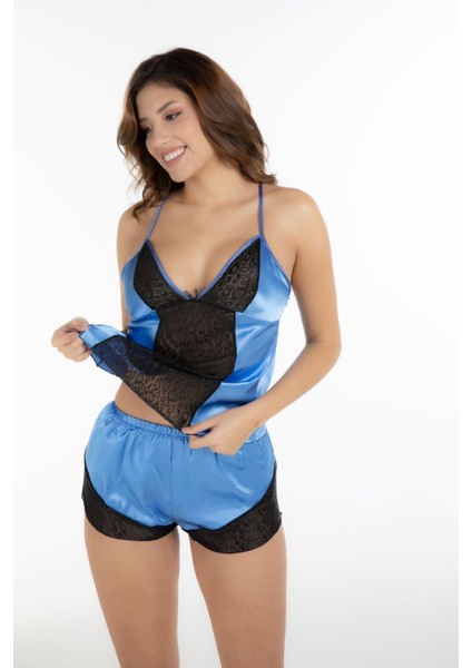 Mavi Siyah Saten Babydoll Şortlu Takım