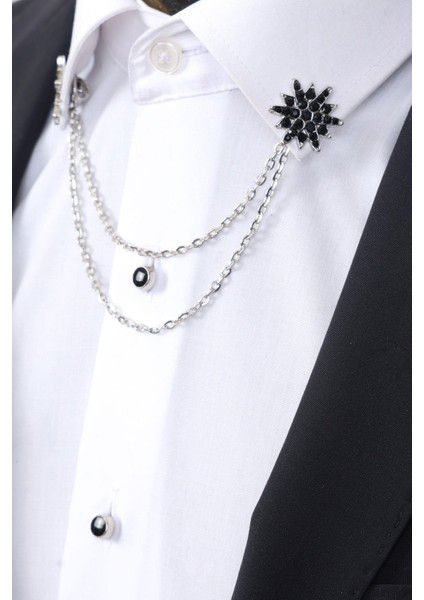 Gümüş Renk Siyah Taşlı Zinciri Gömlek Yaka Broşu