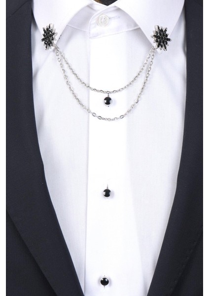 Gümüş Renk Siyah Taşlı Zinciri Gömlek Yaka Broşu fiyatları