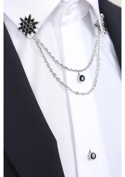 Gümüş Renk Siyah Taşlı Zinciri Gömlek Yaka Broşu modelleri