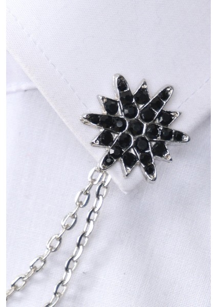 Gümüş Renk Siyah Taşlı Zinciri Gömlek Yaka Broşu fırsatları