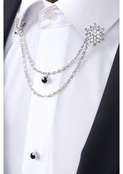 Gümüş Renk Beyaz Taşlı Zinciri Gömlek Yaka Broşu