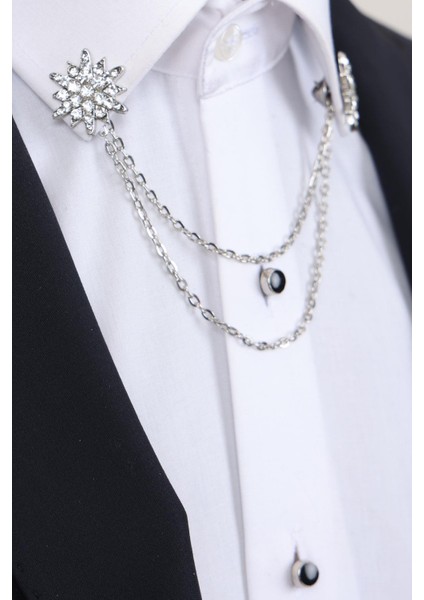 Gümüş Renk Beyaz Taşlı Zinciri Gömlek Yaka Broşu fiyatları