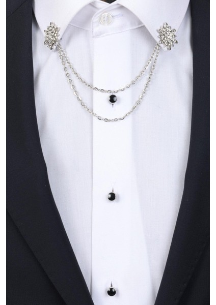 Gümüş Renk Beyaz Taşlı Zinciri Gömlek Yaka Broşu modelleri