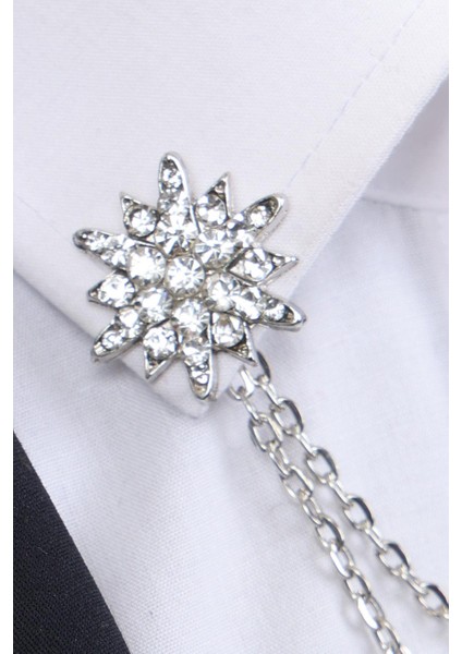 Gümüş Renk Beyaz Taşlı Zinciri Gömlek Yaka Broşu fırsatları