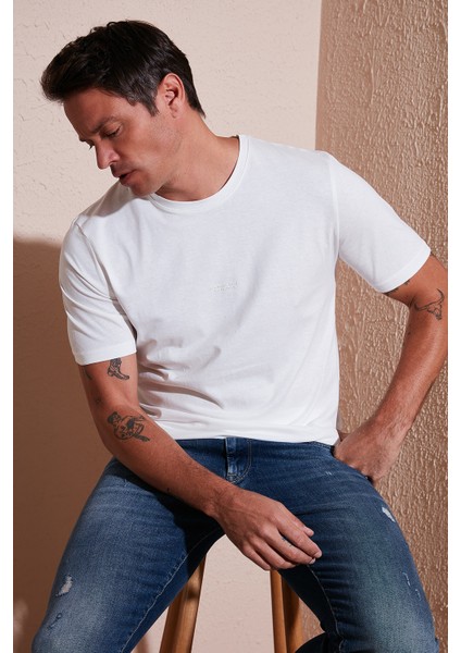 Yazı Detaylı Pamuklu Regular Fit Bisiklet Yaka T Shirt Erkek T Shirt 59020203