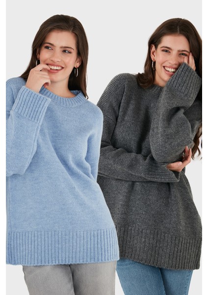 Regular Fit Bisiklet Yaka Basic 2'li Paket Triko Kazak Bayan Kazak 4616213S2