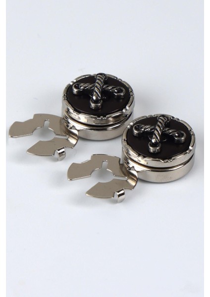 Gümüş Siyah Halat Desenli Geçme Klipsli Kol Düğmesi - M1123