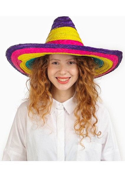 Sombrero Meksika Şapkası Renkli Örme Hasır Çocuk Boy