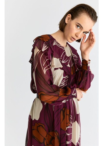 Yakası Volanlı Uzun Desenli Şifon Elbise Standart Renk K2011073_089 modelleri