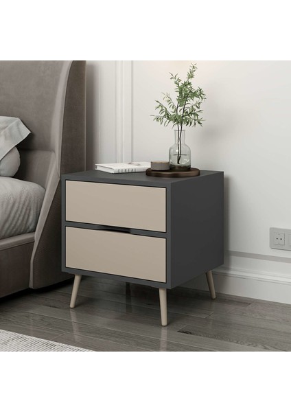 Elina Ayaklı 2 Çekmeceli Komodin - Antrasit/kumtaşı