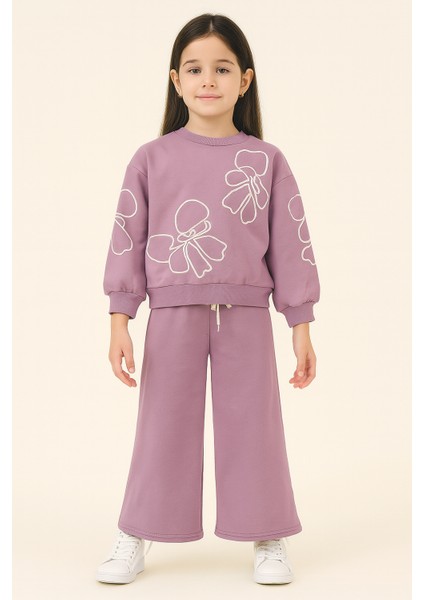 Kız Çocuk Eşofman Takımı Lila Fiyonk Desenli 3 Iplik Pamuklu Kız Çocuk Eşofman Takımı – Rahat Kalıp, Mevsimlik