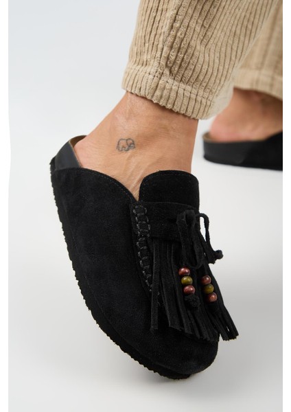 Malinda Kadın Hakiki Deri Püsküllü Boncuk Detaylı Sabo Siyah Terlik