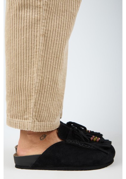 Malinda Kadın Hakiki Deri Püsküllü Boncuk Detaylı Sabo Siyah Terlik fiyatları