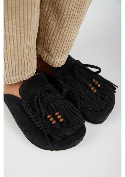 Malinda Kadın Hakiki Deri Püsküllü Boncuk Detaylı Sabo Siyah Terlik modelleri