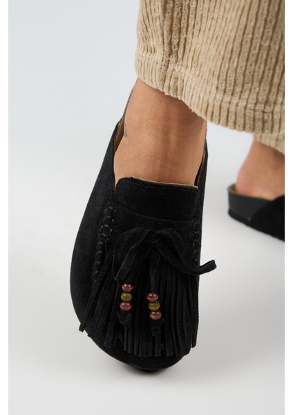 Malinda Kadın Hakiki Deri Püsküllü Boncuk Detaylı Sabo Siyah Terlik indirimleri