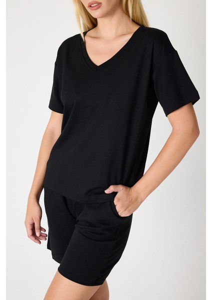 Kadın V Yaka Kısa Kol Şort Takım 2996 fırsatları