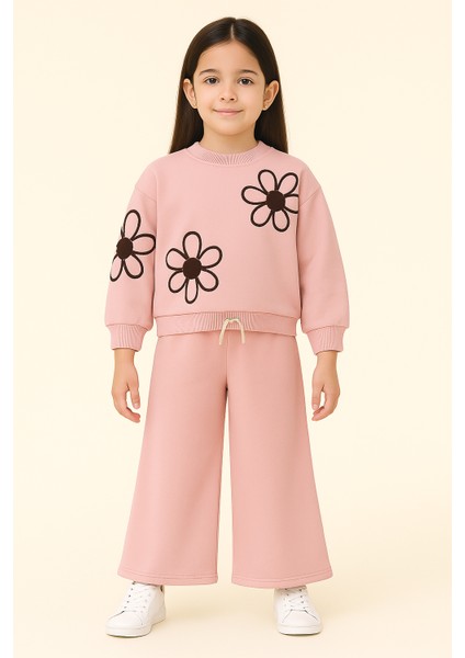 Kız Çocuk Alt Üst Takım Pudra Pembe Çiçek Desenli 3 Iplik Pamuklu Kız Çocuk Eşofman Takımı – Rahat Kalıp, Mevsimlik