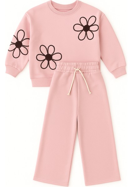 Kız Çocuk Alt Üst Takım Pudra Pembe Çiçek Desenli 3 Iplik Pamuklu Kız Çocuk Eşofman Takımı – Rahat Kalıp, Mevsimlik fiyatları