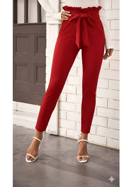 Kadın Yüksek Bel Beli Fırfırlı Önden Bağlamalı Ithal Krep Pantolon