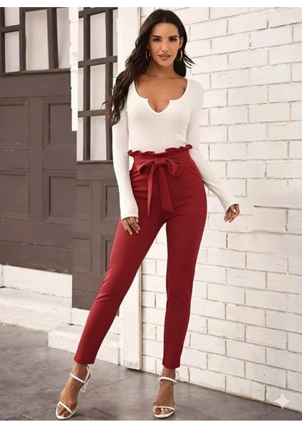 Kadın Yüksek Bel Beli Fırfırlı Önden Bağlamalı Ithal Krep Pantolon modelleri