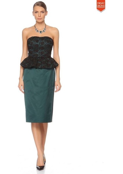 Straplez Fırfır Detaylı Abiye Elbise Petrol Yeşili K1311321_292