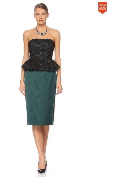 Straplez Fırfır Detaylı Abiye Elbise Petrol Yeşili K1311321_292 modelleri