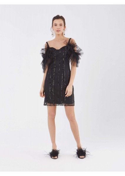 Pul Ve Tül Detaylı Mini Elbise Siyah Y1811186_001