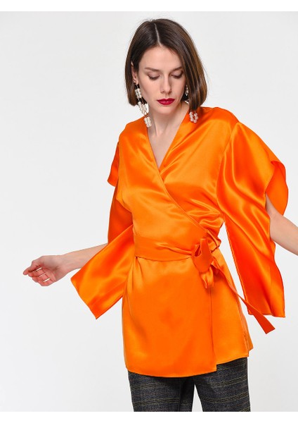 %100 İpek Kuşaklı Bluz Oranj K1913137_011