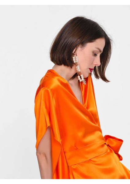 %100 İpek Kuşaklı Bluz Oranj K1913137_011 fırsatları