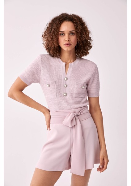 Bel Detaylı Kadın Şort Pudra Y2012604_055