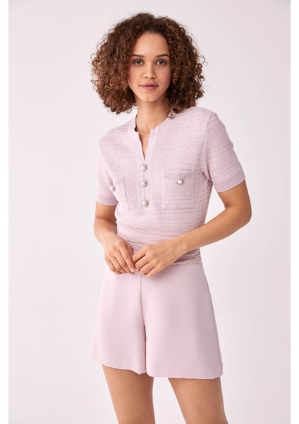 Bel Detaylı Kadın Şort Pudra Y2012604_055 modelleri