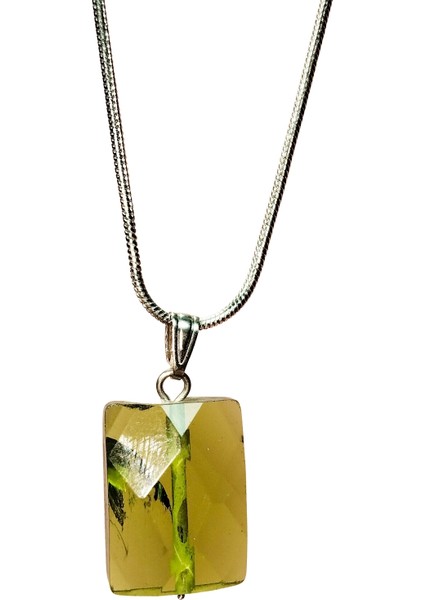 Moldavit Doğal Taşı Zincirli El Yapımı Kolye Uç: 2 cm Zincir: 20 cm Kutulu