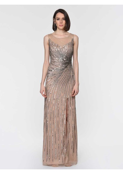 İşlemeli Gece Elbisesi Şampanya Y1961107_224 modelleri