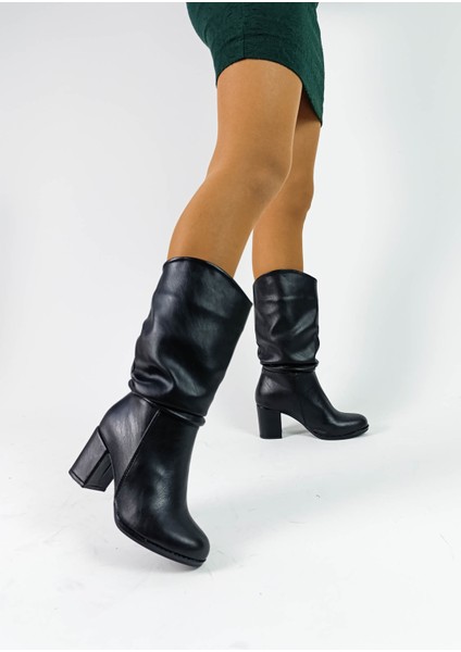 Cilt Deri Siyah Renk Kalın Topuklu Körüklü Kadın Diz Altı Çizme