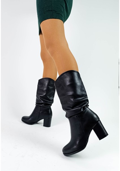 Cilt Deri Siyah Renk Kalın Topuklu Körüklü Kadın Diz Altı Çizme fiyatları