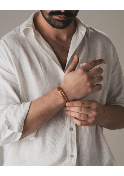 Eşkenar Motifli ve Dua Işlemeli Bakır Bilezik (Zeolit Taşı)