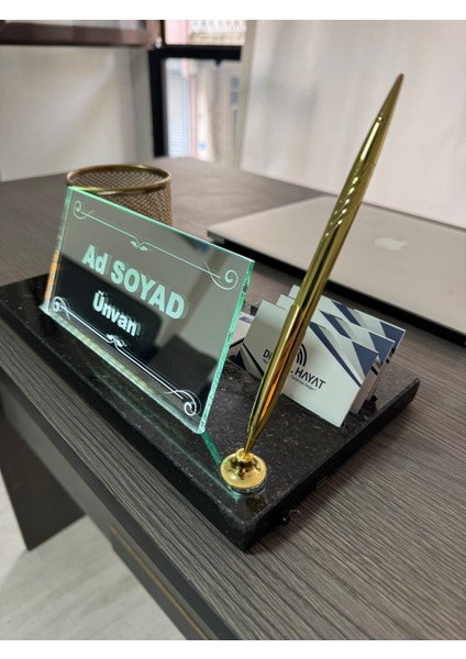 LED Işıklı Ayna Masa Isimliği-Çimstone Mermer Tabanlı Kişiye Özel Ofis Seti