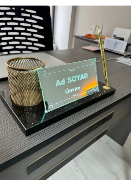 LED Işıklı Ayna Masa Isimliği-Çimstone Mermer Tabanlı Kişiye Özel Ofis Seti modelleri