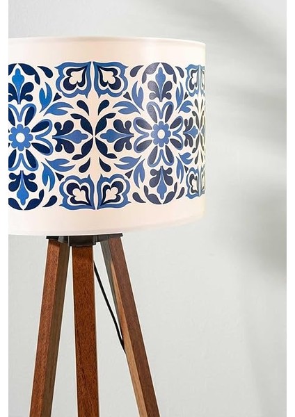 Mavi Çini Silindir Başlık Ahşap Üç Ayaklı Lambader indirimleri