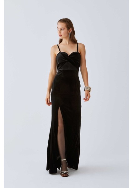 Askılı Ve Yırtmaçlı Abiye Elbise Siyah K2011338_001 fiyatları