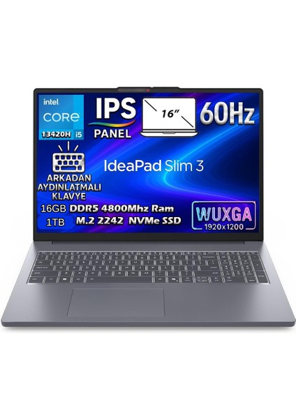 Ideapad Slim 3 16IRH10 Intel Core I5-13420H 16GB 1tb SSD 16'' Wuxga (1920X1200) IPS Panel Freedos Taşınabilir Dizüstü Bilgisayar 83K20073TR-BS3