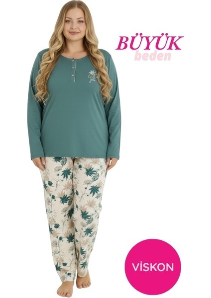 Kadın Büyük Beden Desenli Bisiklet Yaka Mevsimlik Likra Viskon Uzun Kollu Pijama Takımı