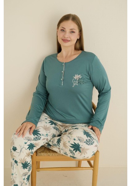 Kadın Büyük Beden Desenli Bisiklet Yaka Mevsimlik Likra Viskon Uzun Kollu Pijama Takımı modelleri