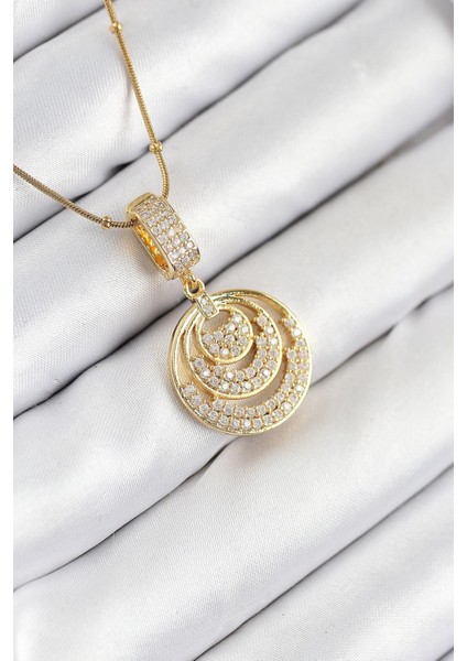 Zirkon Taşlı Çember Model Gold Renk Kolye