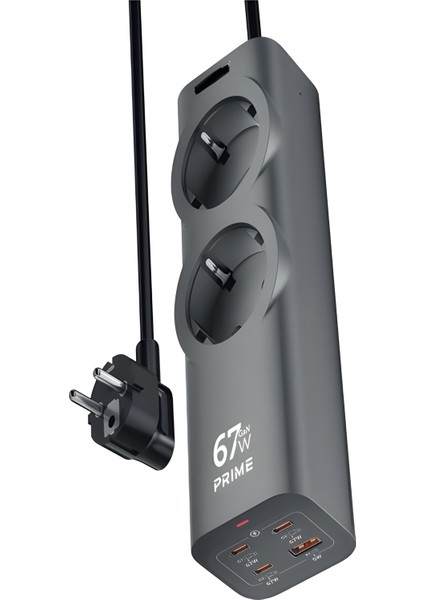 67W Gan Hızlı Şarjlı Kablolu Priz – 3x Type-C + 1x USB + 2'li Priz | 1.5m Uzatma Kablosu – Siyah