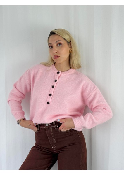 Şardonlu Önden Düğmeli Triko Kazak Kadın Pembe modelleri