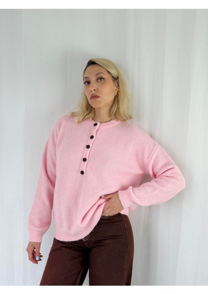 Şardonlu Önden Düğmeli Triko Kazak Kadın Pembe fırsatları