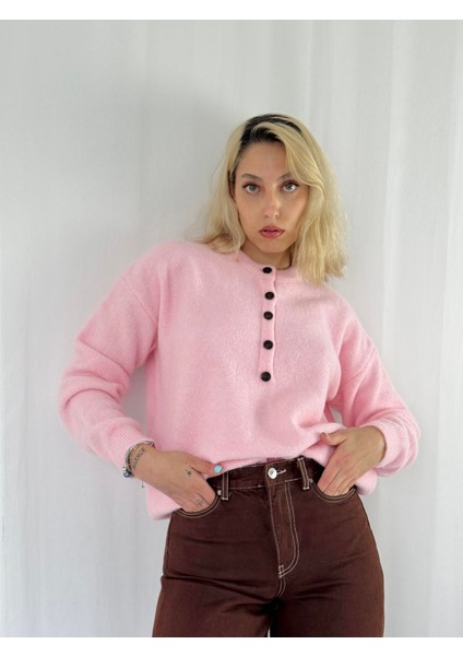 Şardonlu Önden Düğmeli Triko Kazak Kadın Pembe indirimleri