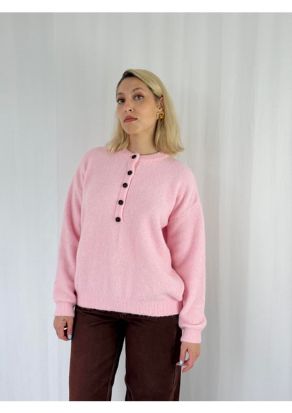 Şardonlu Önden Düğmeli Triko Kazak Kadın Pembe